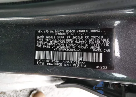 2012 Toyota Camry Le z USA, uszkodzony, nr VIN 4T1BF1FK3CU053029